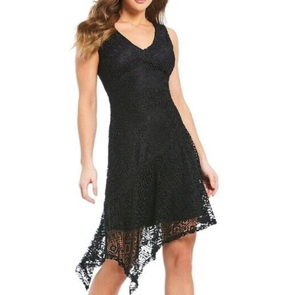 Donna Karan Dress LBD Black Crochet lace Asymmetrical Hem Sz 8 BNWT